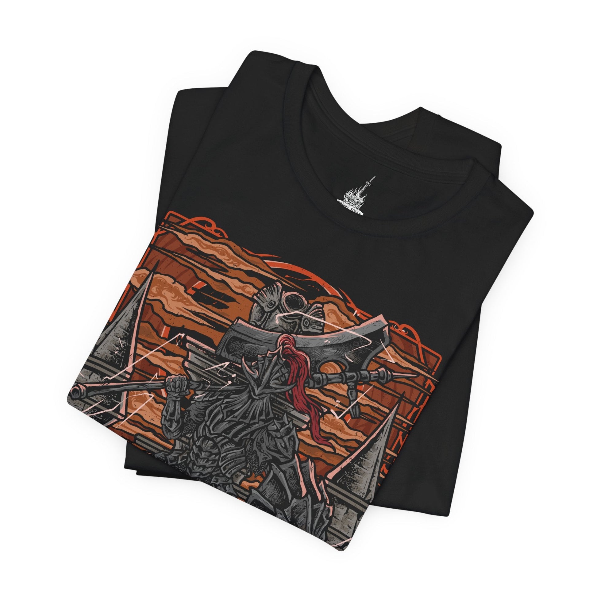 Image 5 of a T-Shirt design of the Dragonslayer Armour from Dark Souls III, standing atop the Grand Archives bridge as thunderclouds gather above Lothric Castle. Its massive greataxe and towering greatshield crackle with lightning while Pilgrim Butterflies drift through the storm-dark sky. The design captures the imposing guardian's unwavering duty, immense strength, and the legendary power once devoted to hunting dragons.