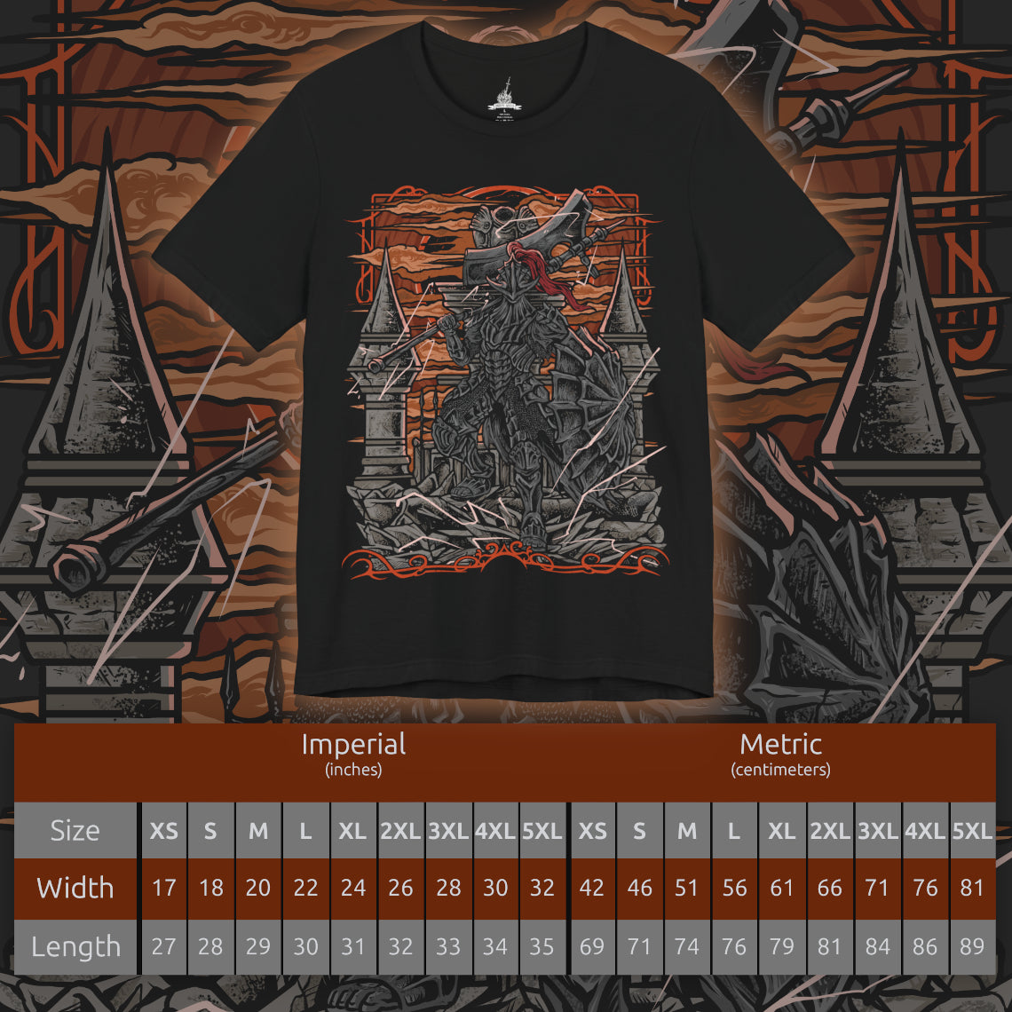 Size chart of a T-Shirt design of the Dragonslayer Armour from Dark Souls III, standing atop the Grand Archives bridge as thunderclouds gather above Lothric Castle. Its massive greataxe and towering greatshield crackle with lightning while Pilgrim Butterflies drift through the storm-dark sky. The design captures the imposing guardian's unwavering duty, immense strength, and the legendary power once devoted to hunting dragons.