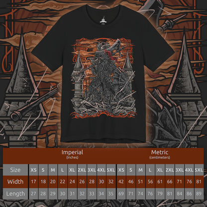 Size chart of a T-Shirt design of the Dragonslayer Armour from Dark Souls III, standing atop the Grand Archives bridge as thunderclouds gather above Lothric Castle. Its massive greataxe and towering greatshield crackle with lightning while Pilgrim Butterflies drift through the storm-dark sky. The design captures the imposing guardian's unwavering duty, immense strength, and the legendary power once devoted to hunting dragons.