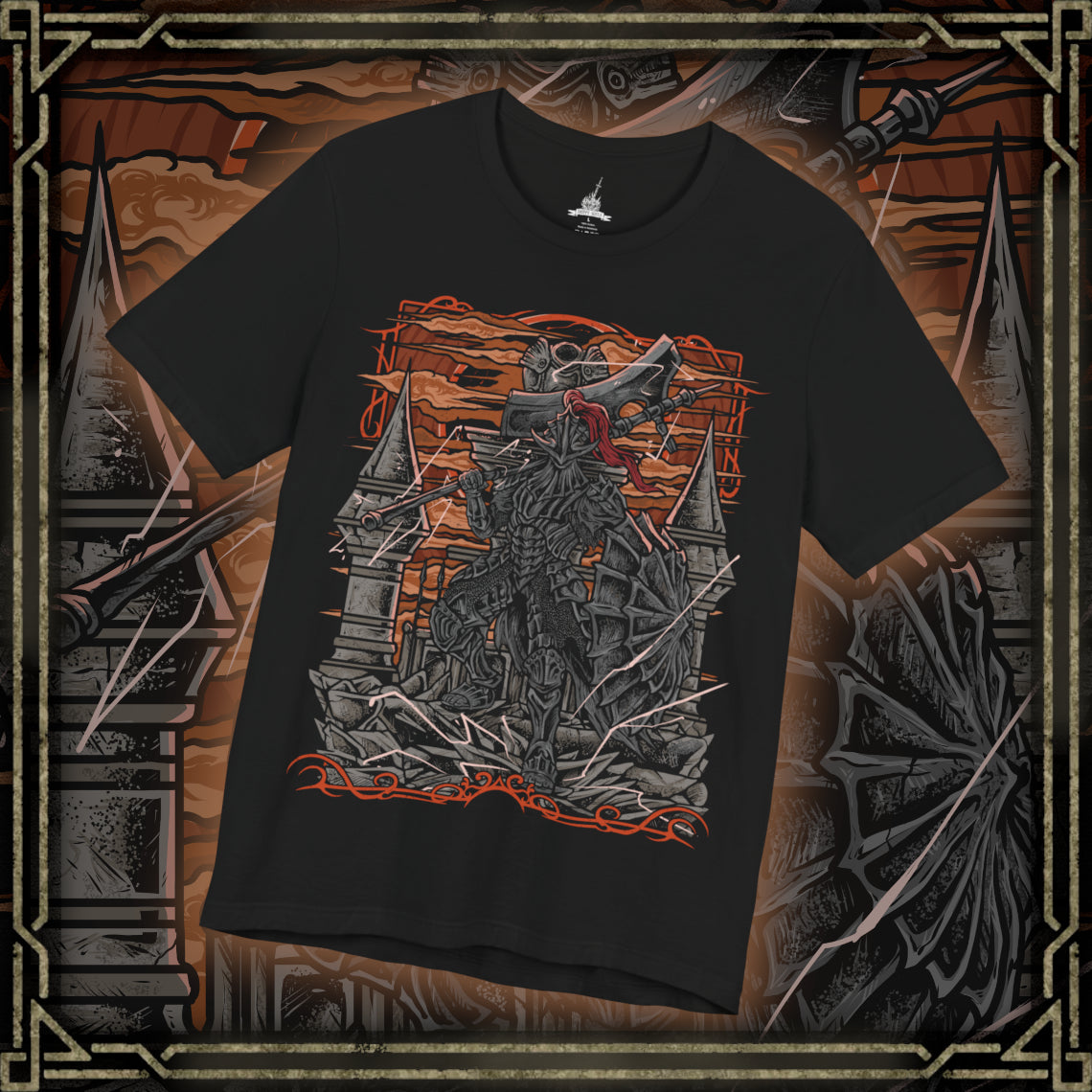 Thumbnail of a T-Shirt design of the Dragonslayer Armour from Dark Souls III, standing atop the Grand Archives bridge as thunderclouds gather above Lothric Castle. Its massive greataxe and towering greatshield crackle with lightning while Pilgrim Butterflies drift through the storm-dark sky. The design captures the imposing guardian's unwavering duty, immense strength, and the legendary power once devoted to hunting dragons.