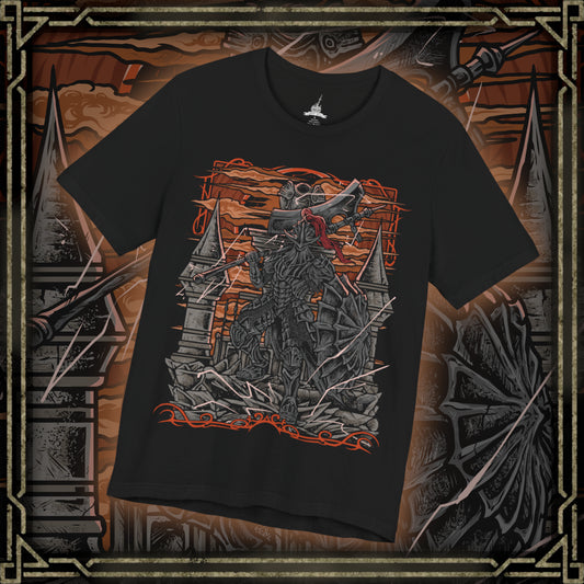 Thumbnail of a T-Shirt design of the Dragonslayer Armour from Dark Souls III, standing atop the Grand Archives bridge as thunderclouds gather above Lothric Castle. Its massive greataxe and towering greatshield crackle with lightning while Pilgrim Butterflies drift through the storm-dark sky. The design captures the imposing guardian's unwavering duty, immense strength, and the legendary power once devoted to hunting dragons.