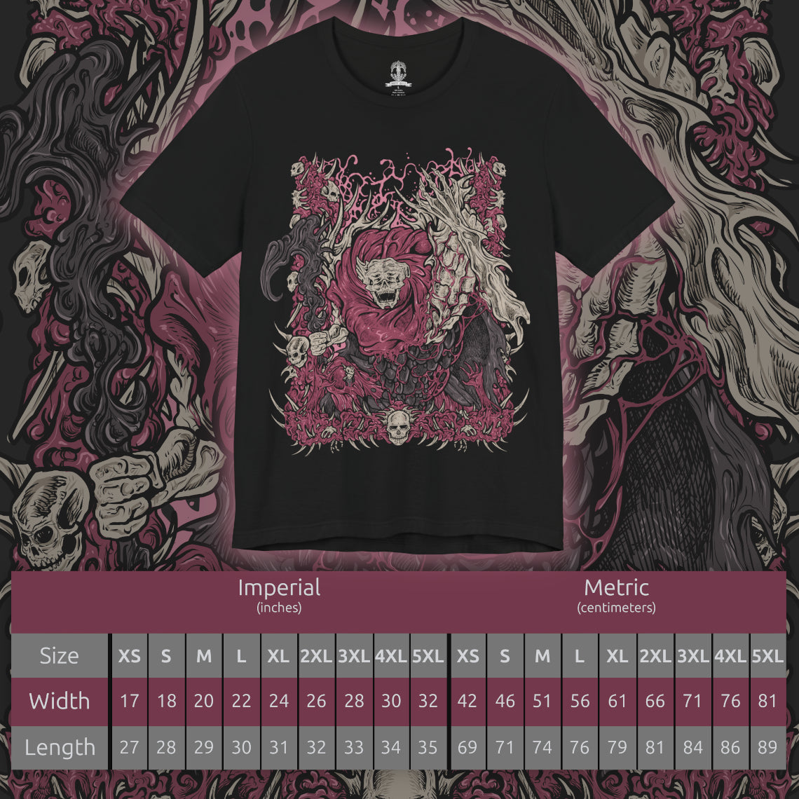 Size chart of a T-Shirt design of Dreglord from Elden Ring Nightreign, a monstrous congregation of corpses and refuse bound together by a shared hatred that refuses to fade. The creature looms amidst a desolate battlefield, its many limbs and broken remains twisting through clouds of dust and decay. The design embodies Dreglord's terrifying resilience, collective will, and status as one of Nightreign's most disturbing horrors.