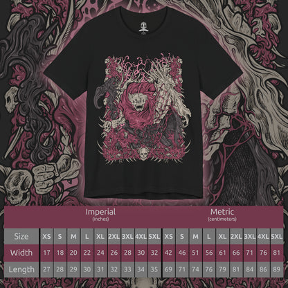 Size chart of a T-Shirt design of Dreglord from Elden Ring Nightreign, a monstrous congregation of corpses and refuse bound together by a shared hatred that refuses to fade. The creature looms amidst a desolate battlefield, its many limbs and broken remains twisting through clouds of dust and decay. The design embodies Dreglord's terrifying resilience, collective will, and status as one of Nightreign's most disturbing horrors.