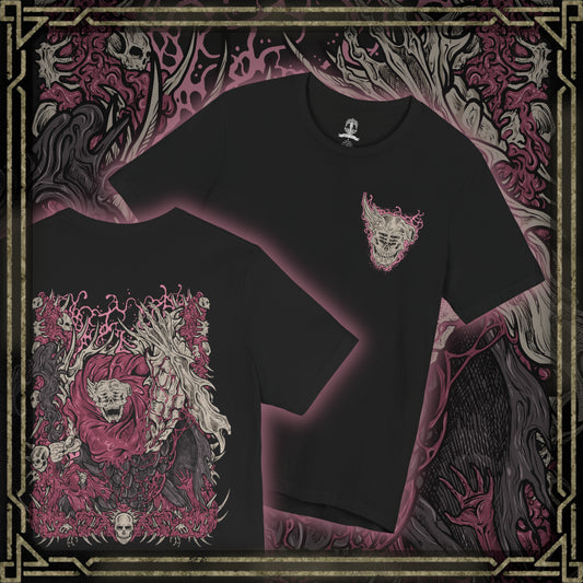 Thumbnail of a T-Shirt design of Dreglord from Elden Ring Nightreign, a monstrous congregation of corpses and refuse bound together by a shared hatred that refuses to fade. The creature looms amidst a desolate battlefield, its many limbs and broken remains twisting through clouds of dust and decay. The design embodies Dreglord's terrifying resilience, collective will, and status as one of Nightreign's most disturbing horrors.