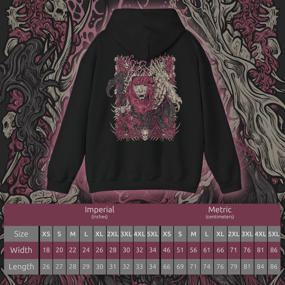 Size chart of a Hooded Sweatshirt design of Dreglord from Elden Ring Nightreign, an immense mound of flesh, skeletal remains, and discarded debris animated by an obsessive determination to endure. Its grotesque silhouette rises from the darkness as fragments of countless fallen beings merge into a single unstoppable entity. The design highlights Dreglord's eerie immortality, communal resentment, and grotesque nature beyond all known forms of life.