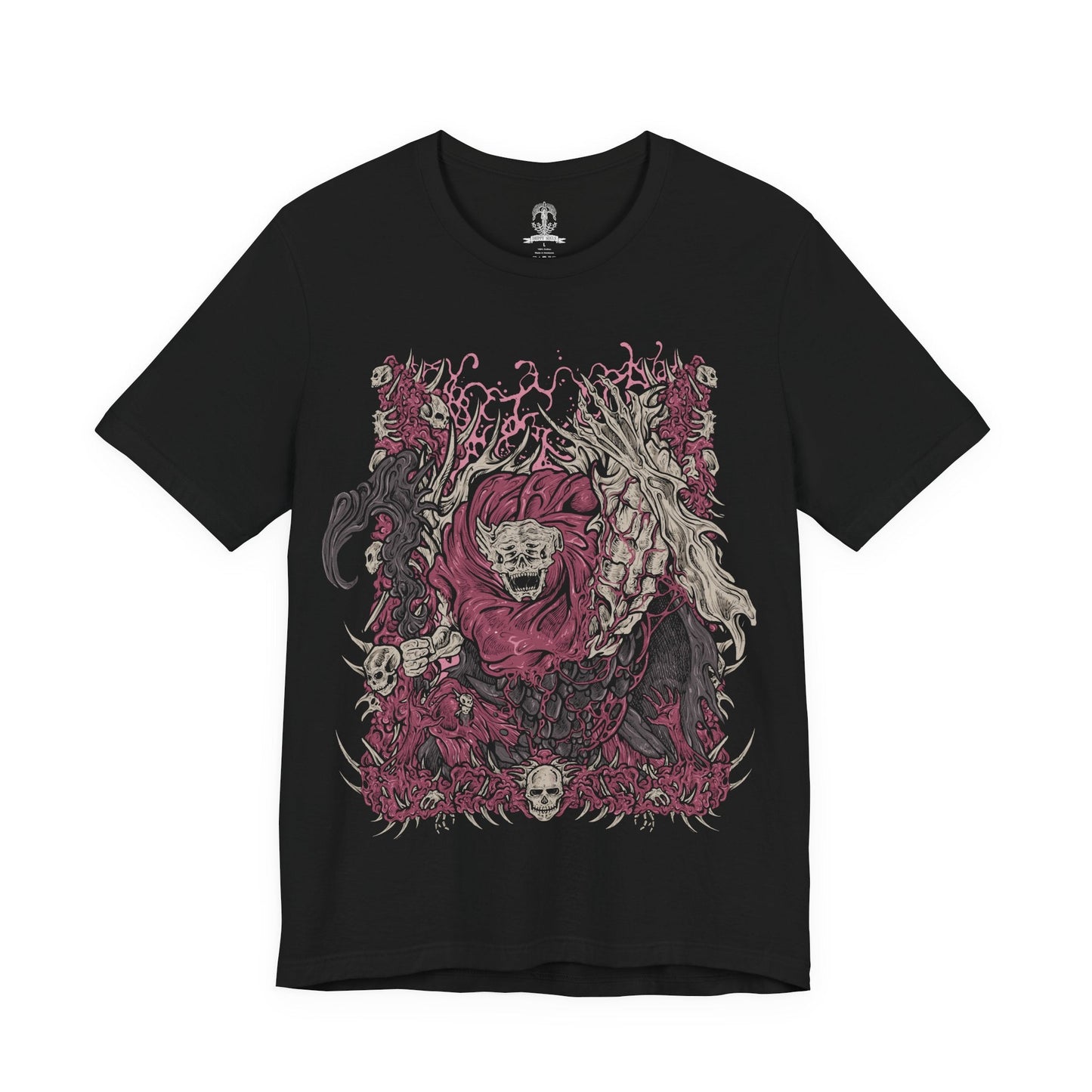Image 4 of a T-Shirt design of Dreglord from Elden Ring Nightreign, the grotesque corpse fiend formed from countless bodies and discarded detritus fused into a towering mass of writhing flesh. Fragments of armor, bones, and forgotten remains protrude from its shifting form as an eerie aura of communal resentment surrounds the abomination. The design captures Dreglord's relentless persistence, unnatural existence, and defiance of annihilation.