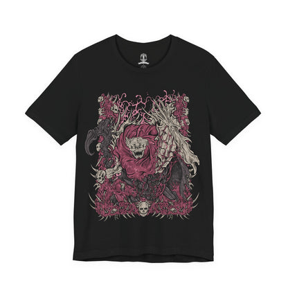 Image 4 of a T-Shirt design of Dreglord from Elden Ring Nightreign, the grotesque corpse fiend formed from countless bodies and discarded detritus fused into a towering mass of writhing flesh. Fragments of armor, bones, and forgotten remains protrude from its shifting form as an eerie aura of communal resentment surrounds the abomination. The design captures Dreglord's relentless persistence, unnatural existence, and defiance of annihilation.