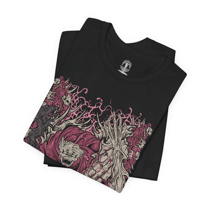 Image 5 of a T-Shirt design of Dreglord from Elden Ring Nightreign, the grotesque corpse fiend formed from countless bodies and discarded detritus fused into a towering mass of writhing flesh. Fragments of armor, bones, and forgotten remains protrude from its shifting form as an eerie aura of communal resentment surrounds the abomination. The design captures Dreglord's relentless persistence, unnatural existence, and defiance of annihilation.
