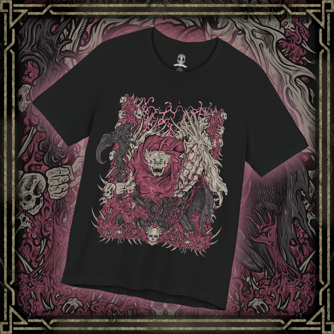 Thumbnail of a T-Shirt design of Dreglord from Elden Ring Nightreign, the grotesque corpse fiend formed from countless bodies and discarded detritus fused into a towering mass of writhing flesh. Fragments of armor, bones, and forgotten remains protrude from its shifting form as an eerie aura of communal resentment surrounds the abomination. The design captures Dreglord's relentless persistence, unnatural existence, and defiance of annihilation.
