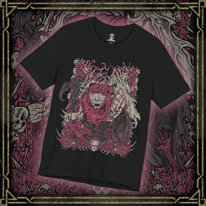 Thumbnail of a T-Shirt design of Dreglord from Elden Ring Nightreign, the grotesque corpse fiend formed from countless bodies and discarded detritus fused into a towering mass of writhing flesh. Fragments of armor, bones, and forgotten remains protrude from its shifting form as an eerie aura of communal resentment surrounds the abomination. The design captures Dreglord's relentless persistence, unnatural existence, and defiance of annihilation.