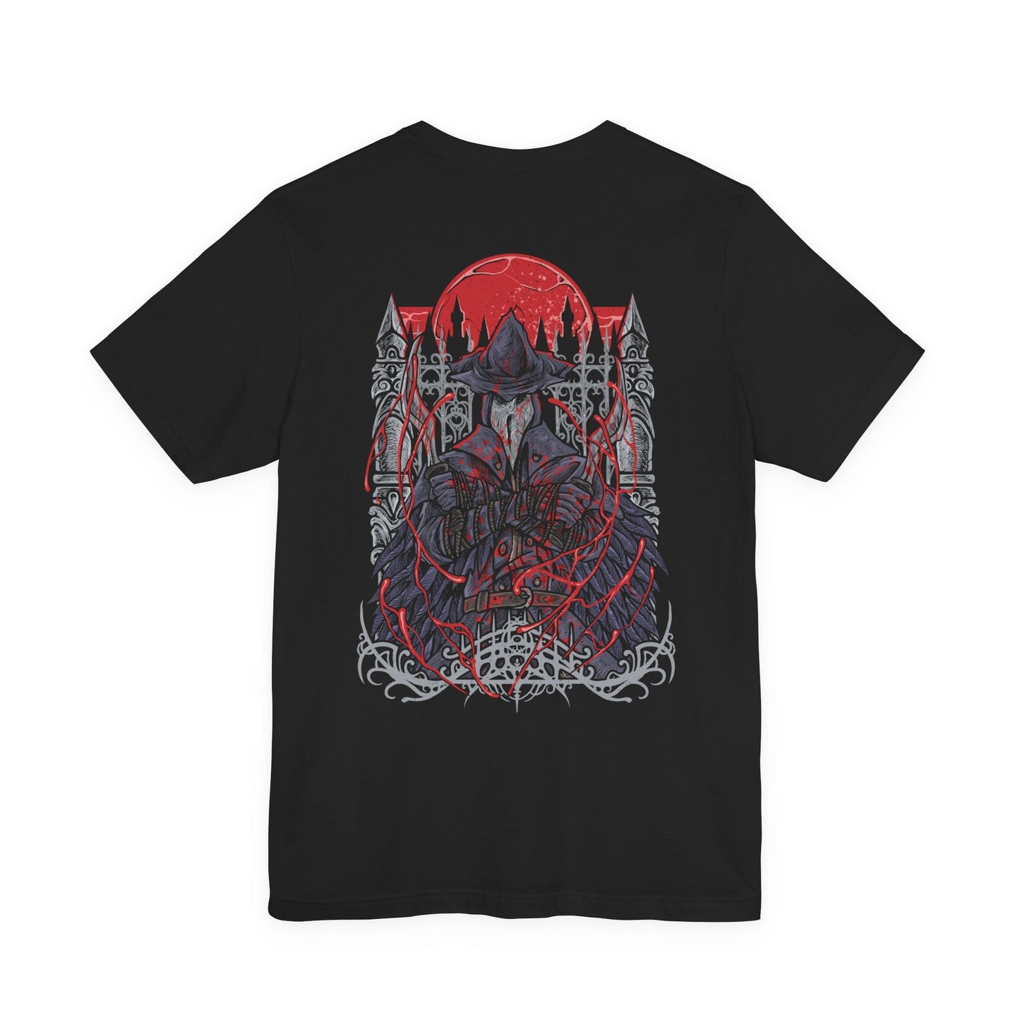 Image 5 of a T-Shirt artwork depicting Eileen the Crow stalking through the narrow streets of Yharnam, lantern light reflecting across her weathered hunter attire and curved blades. Black feathers drift through the fog while distant beasts howl in the darkness. This design reflects her silent duty to hunt corrupted hunters and the loneliness tied to her relentless mission.
