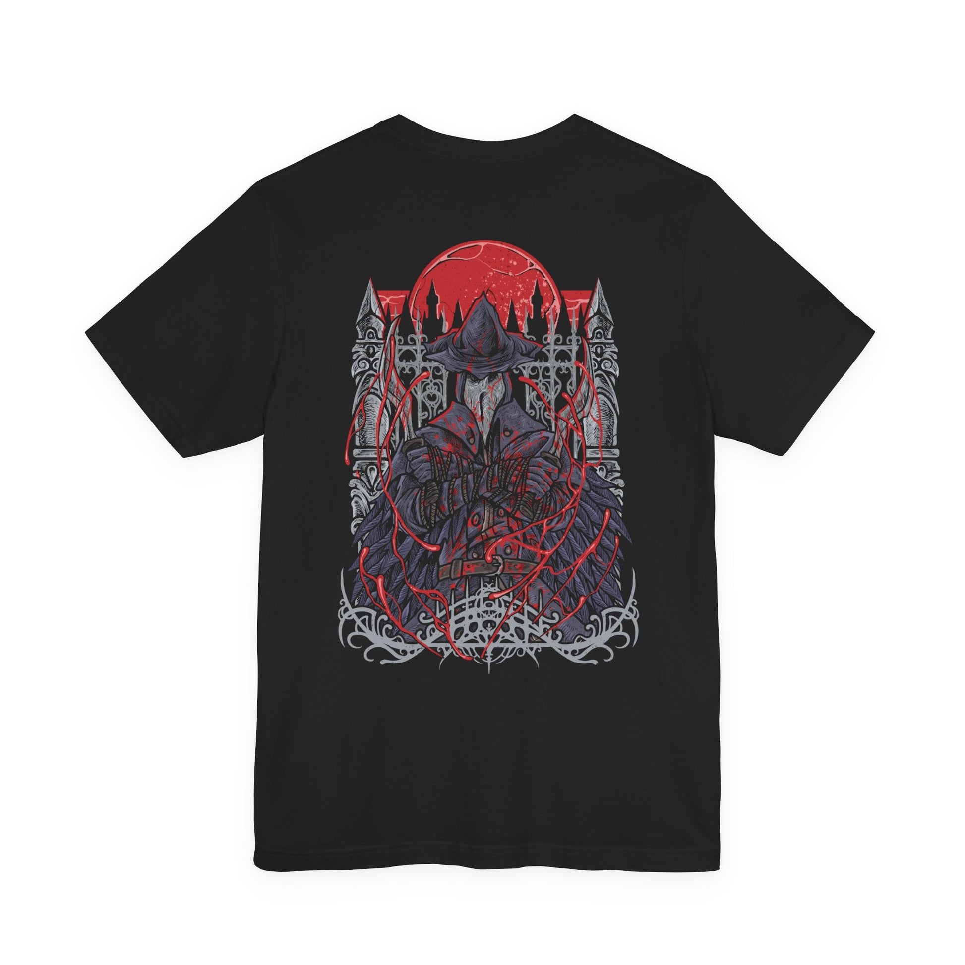 Image 5 of a T-Shirt artwork depicting Eileen the Crow stalking through the narrow streets of Yharnam, lantern light reflecting across her weathered hunter attire and curved blades. Black feathers drift through the fog while distant beasts howl in the darkness. This design reflects her silent duty to hunt corrupted hunters and the loneliness tied to her relentless mission.