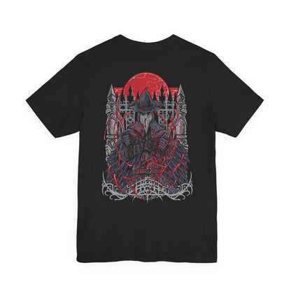Image 5 of a T-Shirt artwork depicting Eileen the Crow stalking through the narrow streets of Yharnam, lantern light reflecting across her weathered hunter attire and curved blades. Black feathers drift through the fog while distant beasts howl in the darkness. This design reflects her silent duty to hunt corrupted hunters and the loneliness tied to her relentless mission.