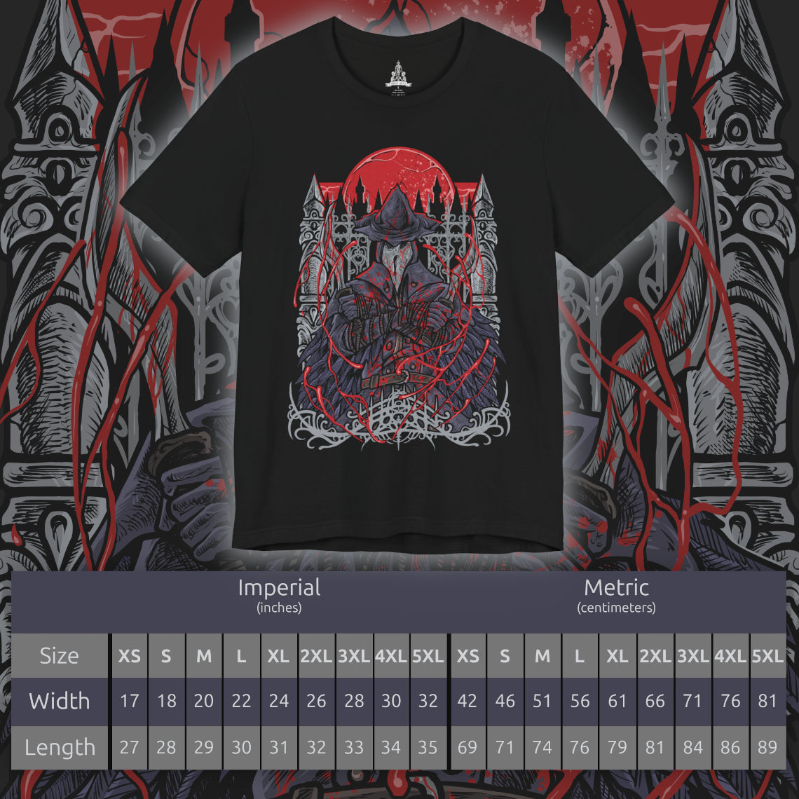 Size chart of a T-Shirt artwork depicting Eileen the Crow stalking through the narrow streets of Yharnam, lantern light reflecting across her weathered hunter attire and curved blades. Black feathers drift through the fog while distant beasts howl in the darkness. This design reflects her silent duty to hunt corrupted hunters and the loneliness tied to her relentless mission.