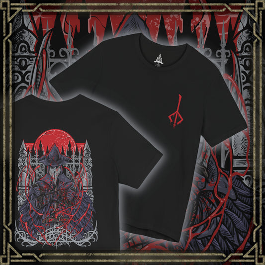 Thumbnail of a T-Shirt artwork depicting Eileen the Crow stalking through the narrow streets of Yharnam, lantern light reflecting across her weathered hunter attire and curved blades. Black feathers drift through the fog while distant beasts howl in the darkness. This design reflects her silent duty to hunt corrupted hunters and the loneliness tied to her relentless mission.