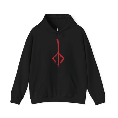 Image 4 of a Hooded Sweatshirt of Eileen the Crow poised atop a gothic rooftop, cloak flowing like raven wings beneath the moonlit sky. Her masked gaze watches over the city while the Blade of Mercy gleams with cold steel in her hands. The composition emphasizes elegance, secrecy, and the tragic role of a hunter tasked with delivering mercy to the damned.
