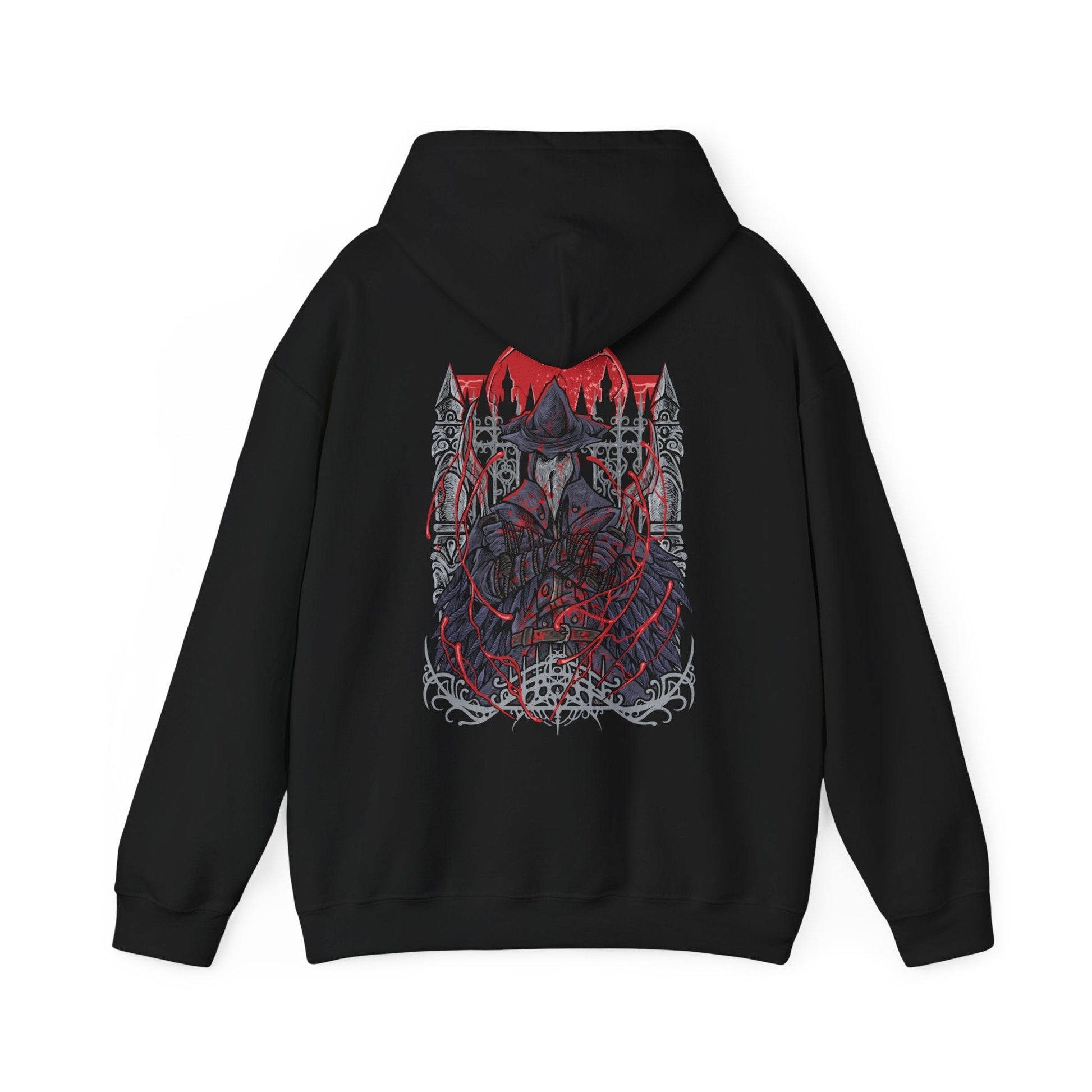 Image 5 of a Hooded Sweatshirt of Eileen the Crow poised atop a gothic rooftop, cloak flowing like raven wings beneath the moonlit sky. Her masked gaze watches over the city while the Blade of Mercy gleams with cold steel in her hands. The composition emphasizes elegance, secrecy, and the tragic role of a hunter tasked with delivering mercy to the damned.