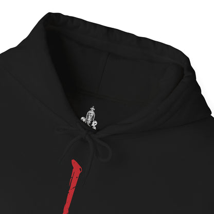 Folded Hooded Sweatshirt of Eileen the Crow poised atop a gothic rooftop, cloak flowing like raven wings beneath the moonlit sky. Her masked gaze watches over the city while the Blade of Mercy gleams with cold steel in her hands. The composition emphasizes elegance, secrecy, and the tragic role of a hunter tasked with delivering mercy to the damned.