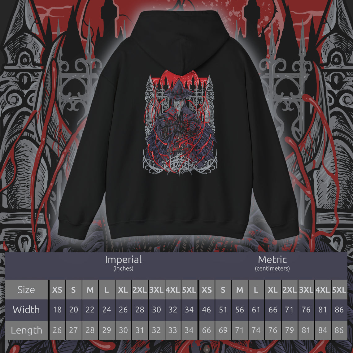 Size chart of a Hooded Sweatshirt of Eileen the Crow poised atop a gothic rooftop, cloak flowing like raven wings beneath the moonlit sky. Her masked gaze watches over the city while the Blade of Mercy gleams with cold steel in her hands. The composition emphasizes elegance, secrecy, and the tragic role of a hunter tasked with delivering mercy to the damned.