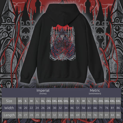 Size chart of a Hooded Sweatshirt of Eileen the Crow poised atop a gothic rooftop, cloak flowing like raven wings beneath the moonlit sky. Her masked gaze watches over the city while the Blade of Mercy gleams with cold steel in her hands. The composition emphasizes elegance, secrecy, and the tragic role of a hunter tasked with delivering mercy to the damned.