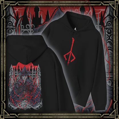 Thumbnail of a Hooded Sweatshirt of Eileen the Crow poised atop a gothic rooftop, cloak flowing like raven wings beneath the moonlit sky. Her masked gaze watches over the city while the Blade of Mercy gleams with cold steel in her hands. The composition emphasizes elegance, secrecy, and the tragic role of a hunter tasked with delivering mercy to the damned.