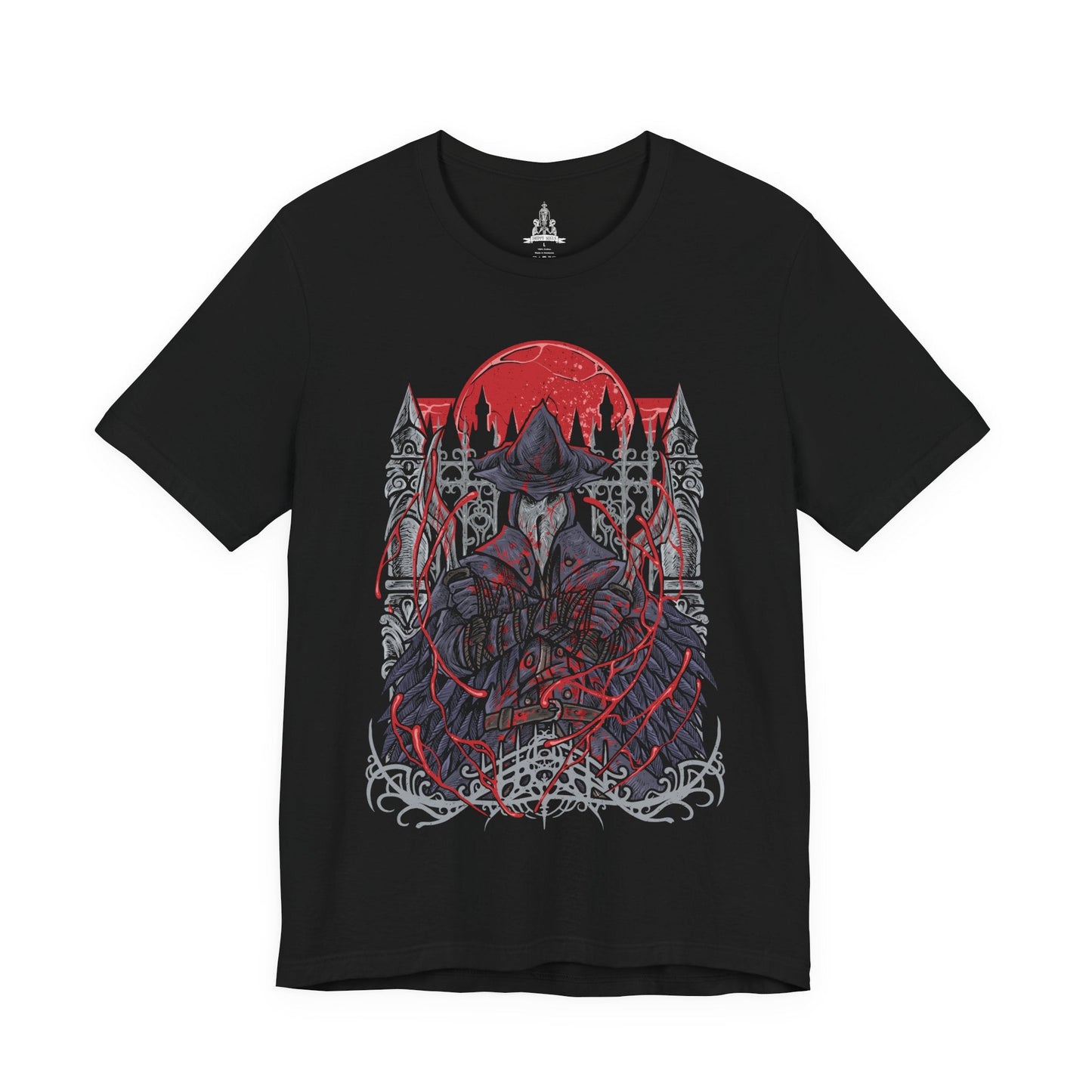 Image 4 of a T-Shirt design of Eileen the Crow from Bloodborne, standing beneath a blood-red moon with her plague doctor mask and feathered cloak shrouded in shadow. She grips the Blade of Mercy while crows scatter across the rooftops of Yharnam behind her. The design captures the mystery of the Hunter of Hunters, embodying mercy, death, and the burden of ending those consumed by bloodlust.