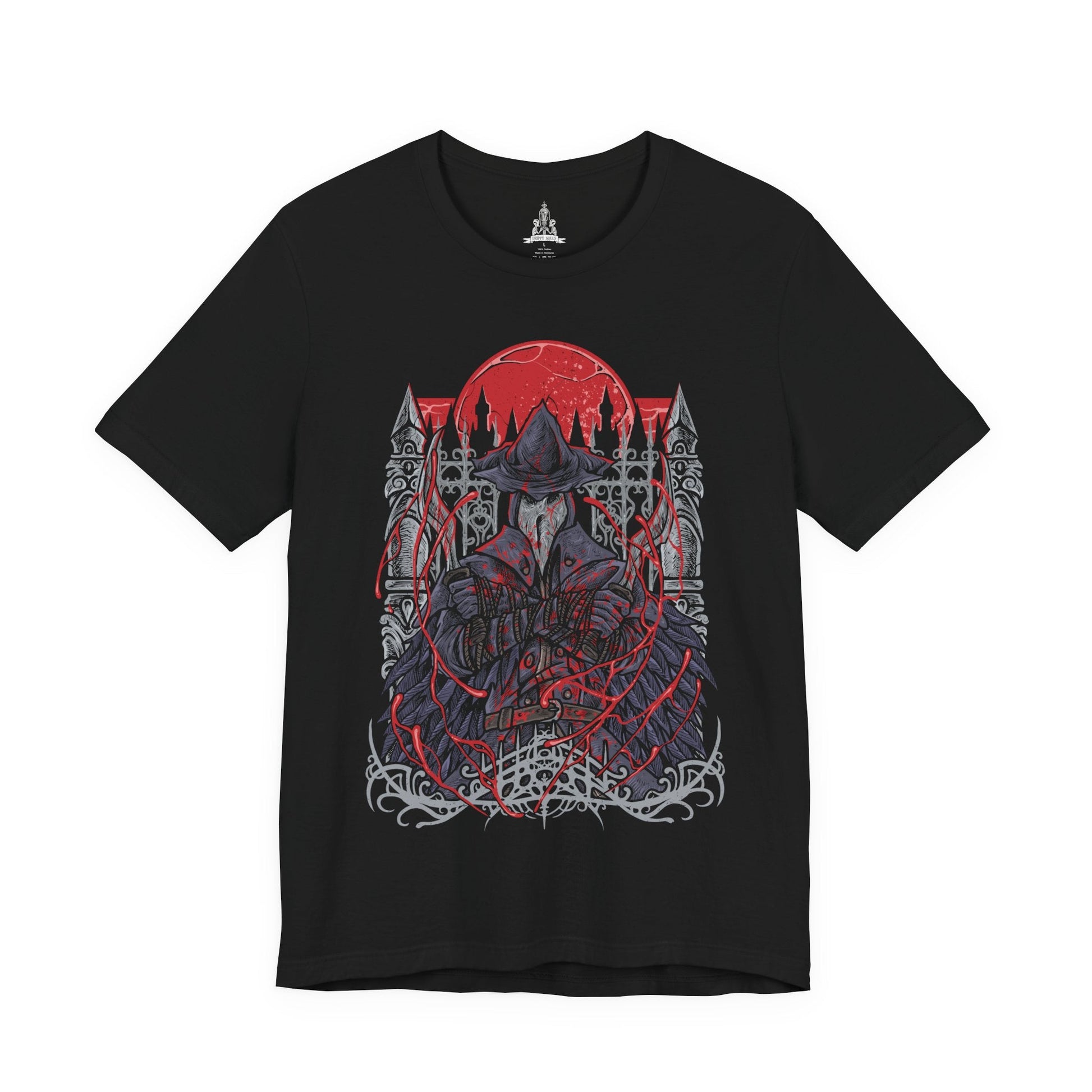 Image 4 of a T-Shirt design of Eileen the Crow from Bloodborne, standing beneath a blood-red moon with her plague doctor mask and feathered cloak shrouded in shadow. She grips the Blade of Mercy while crows scatter across the rooftops of Yharnam behind her. The design captures the mystery of the Hunter of Hunters, embodying mercy, death, and the burden of ending those consumed by bloodlust.