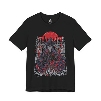 Image 4 of a T-Shirt design of Eileen the Crow from Bloodborne, standing beneath a blood-red moon with her plague doctor mask and feathered cloak shrouded in shadow. She grips the Blade of Mercy while crows scatter across the rooftops of Yharnam behind her. The design captures the mystery of the Hunter of Hunters, embodying mercy, death, and the burden of ending those consumed by bloodlust.