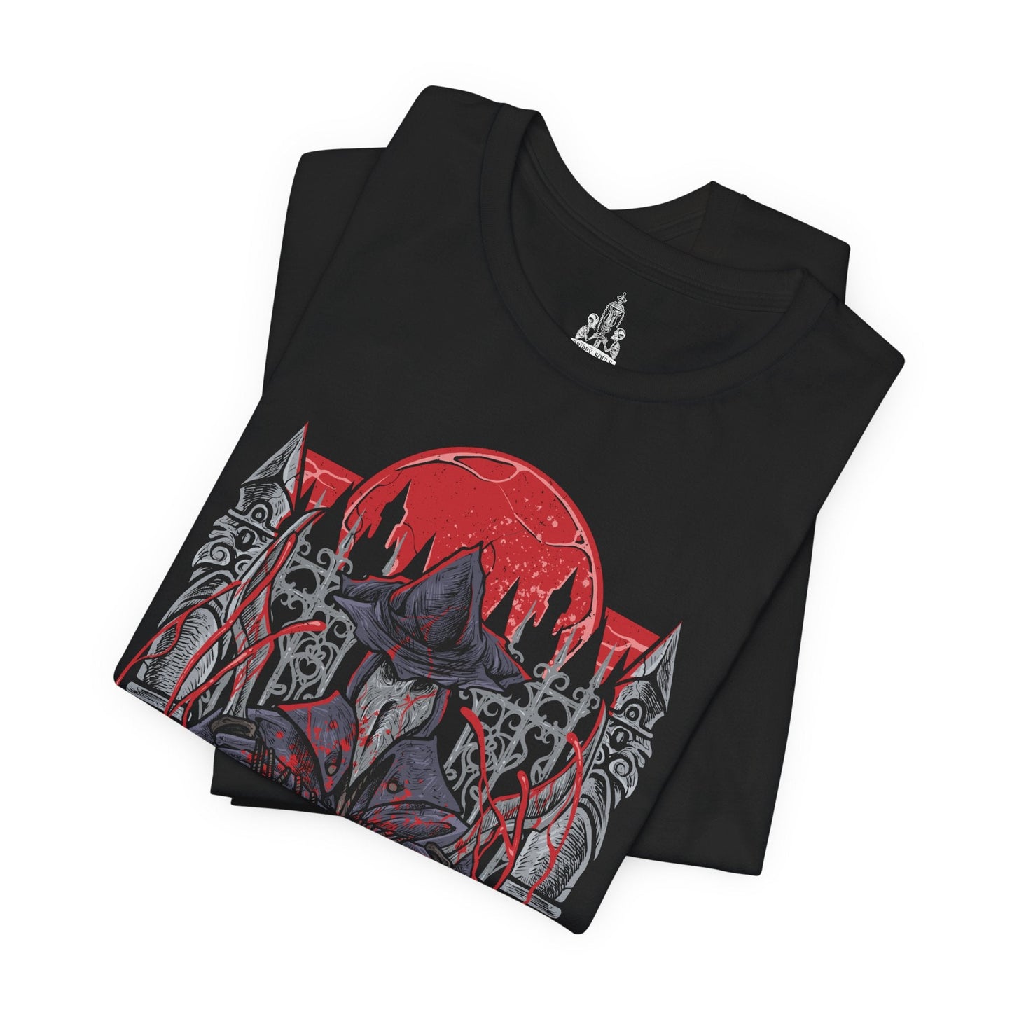 Image 5 of a T-Shirt design of Eileen the Crow from Bloodborne, standing beneath a blood-red moon with her plague doctor mask and feathered cloak shrouded in shadow. She grips the Blade of Mercy while crows scatter across the rooftops of Yharnam behind her. The design captures the mystery of the Hunter of Hunters, embodying mercy, death, and the burden of ending those consumed by bloodlust.