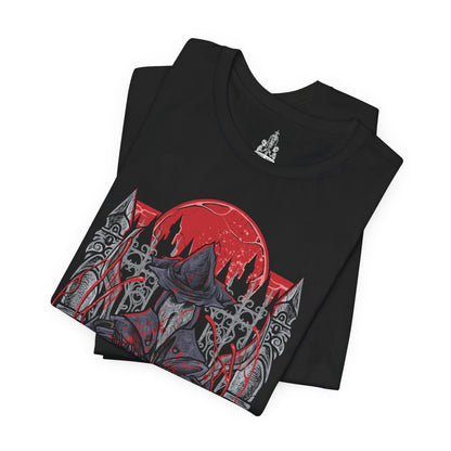 Image 5 of a T-Shirt design of Eileen the Crow from Bloodborne, standing beneath a blood-red moon with her plague doctor mask and feathered cloak shrouded in shadow. She grips the Blade of Mercy while crows scatter across the rooftops of Yharnam behind her. The design captures the mystery of the Hunter of Hunters, embodying mercy, death, and the burden of ending those consumed by bloodlust.