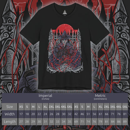 Size chart of a T-Shirt design of Eileen the Crow from Bloodborne, standing beneath a blood-red moon with her plague doctor mask and feathered cloak shrouded in shadow. She grips the Blade of Mercy while crows scatter across the rooftops of Yharnam behind her. The design captures the mystery of the Hunter of Hunters, embodying mercy, death, and the burden of ending those consumed by bloodlust.