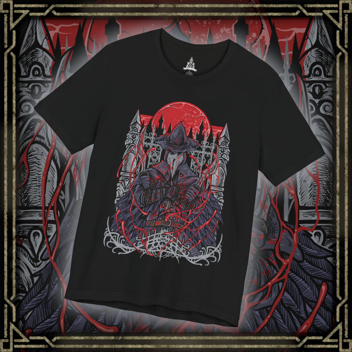Thumbnail of a T-Shirt design of Eileen the Crow from Bloodborne, standing beneath a blood-red moon with her plague doctor mask and feathered cloak shrouded in shadow. She grips the Blade of Mercy while crows scatter across the rooftops of Yharnam behind her. The design captures the mystery of the Hunter of Hunters, embodying mercy, death, and the burden of ending those consumed by bloodlust.