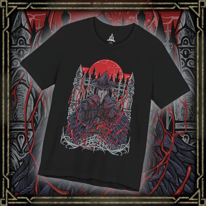 Thumbnail of a T-Shirt design of Eileen the Crow from Bloodborne, standing beneath a blood-red moon with her plague doctor mask and feathered cloak shrouded in shadow. She grips the Blade of Mercy while crows scatter across the rooftops of Yharnam behind her. The design captures the mystery of the Hunter of Hunters, embodying mercy, death, and the burden of ending those consumed by bloodlust.