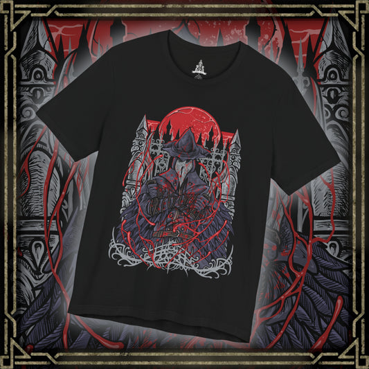 Thumbnail of a T-Shirt design of Eileen the Crow from Bloodborne, standing beneath a blood-red moon with her plague doctor mask and feathered cloak shrouded in shadow. She grips the Blade of Mercy while crows scatter across the rooftops of Yharnam behind her. The design captures the mystery of the Hunter of Hunters, embodying mercy, death, and the burden of ending those consumed by bloodlust.