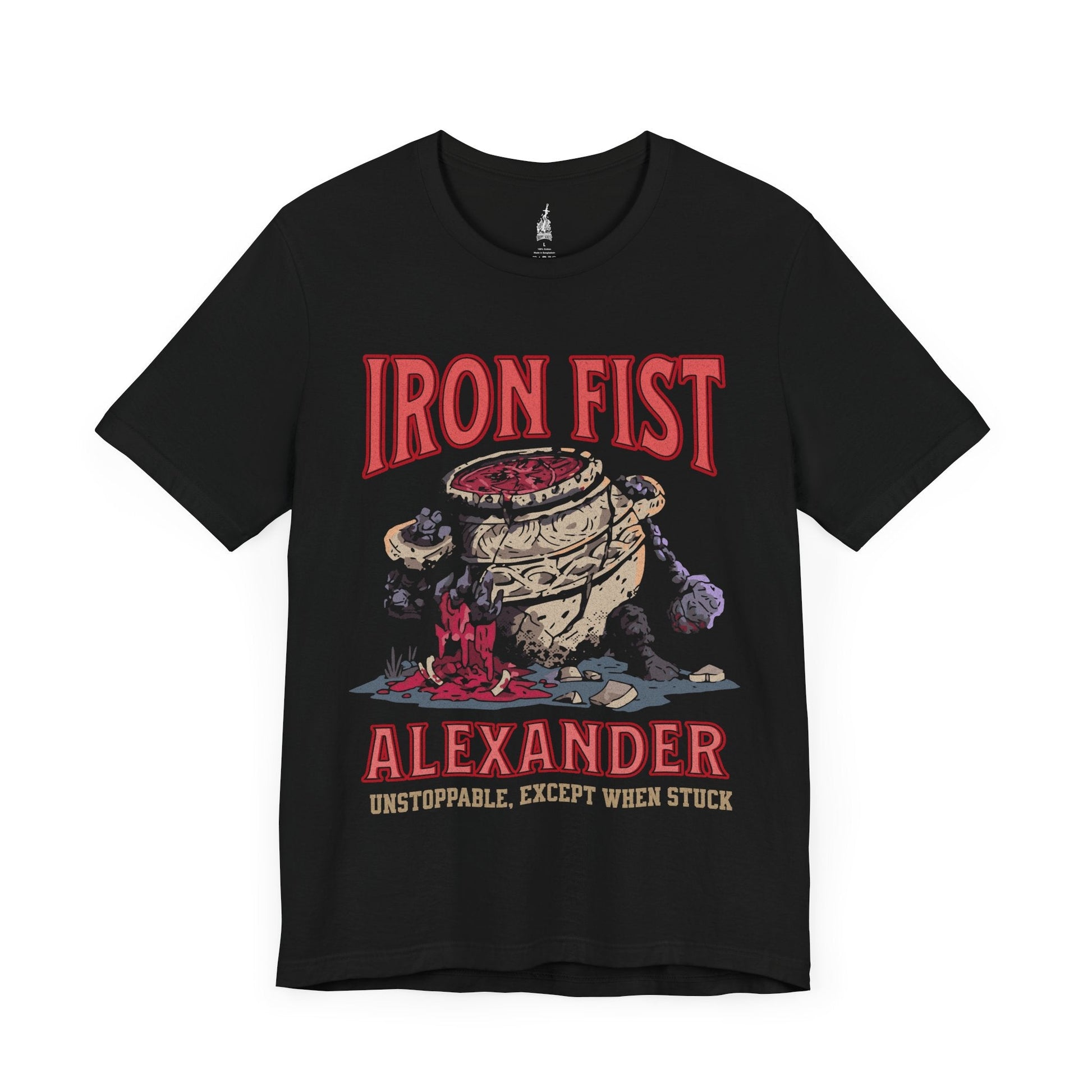 Image number 3 of a Black T-shirt featuring Iron Fist Alexander from Elden Ring, the courageous Warrior Jar with his iconic jar-like armor, perfect for fans who admire his resilient spirit and memorable journey through the Lands Between.