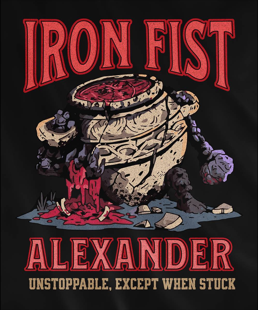 Design used for a T-shirt featuring Iron Fist Alexander from Elden Ring, the courageous Warrior Jar with his iconic jar-like armor, perfect for fans who admire his resilient spirit and memorable journey through the Lands Between.