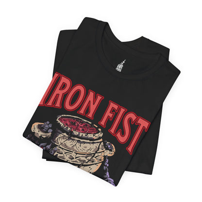 Folded T-shirt featuring Iron Fist Alexander from Elden Ring, the courageous Warrior Jar with his iconic jar-like armor, perfect for fans who admire his resilient spirit and memorable journey through the Lands Between.