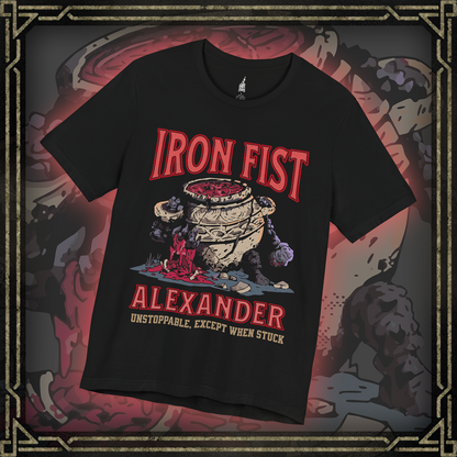 Thumbnail of a T-shirt featuring Iron Fist Alexander from Elden Ring, the courageous Warrior Jar with his iconic jar-like armor, perfect for fans who admire his resilient spirit and memorable journey through the Lands Between.