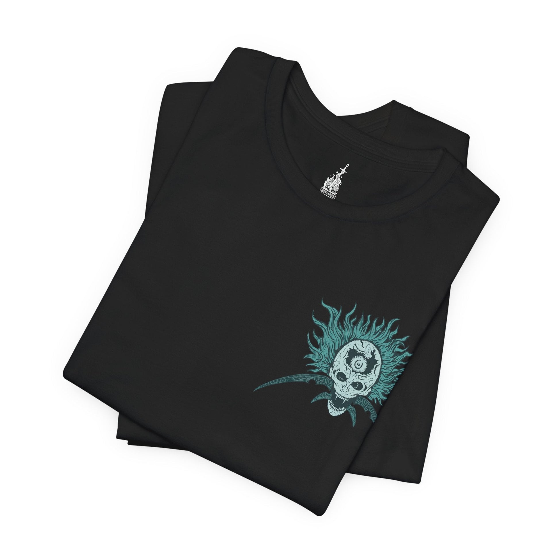 Folded T-shirt featuring Astel, Naturalborn of the Void from Elden Ring, a cosmic horror born from a void beyond time. With a skull-like insectoid face, celestial tendrils, and radiant stardust, Astel is a grotesque beauty of outer space. This design captures its haunting majesty and unfathomable alien presence deep beneath the Lands Between.