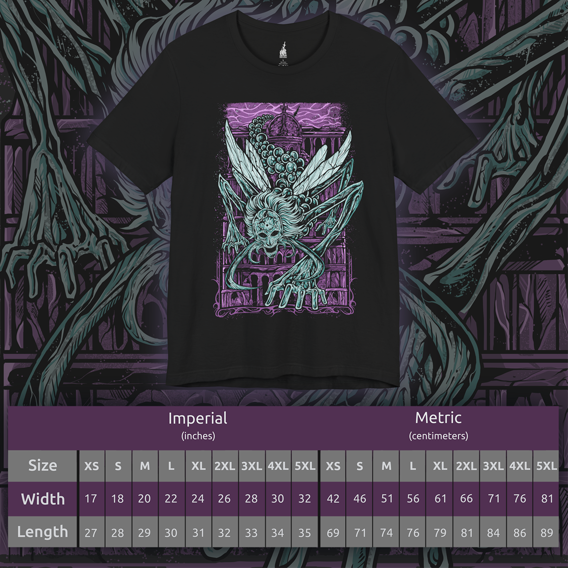 Size chart of a T-shirt featuring Astel, Naturalborn of the Void from Elden Ring, a cosmic horror born from a void beyond time. With a skull-like insectoid face, celestial tendrils, and radiant stardust, Astel is a grotesque beauty of outer space. This design captures its haunting majesty and unfathomable alien presence deep beneath the Lands Between.