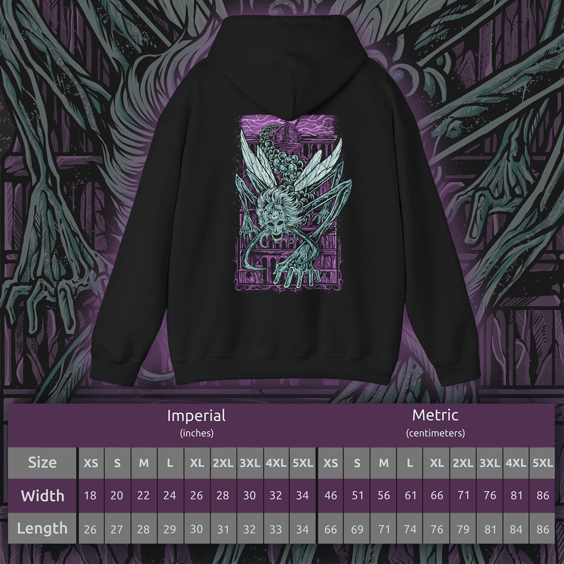 Size chart of a Hooded Sweatshirt featuring Astel, Naturalborn of the Void from Elden Ring, a cosmic horror that descended from the stars to wreak devastation upon the Lands Between. With a skeletal, insectoid body and a celestial head swirling with galaxies, Astel embodies the unknowable terror of the void itself. A remnant of an ancient, star-born catastrophe, it wields devastating gravity and magic attacks, annihilating all in its path. A must-have for fans of Elden Ring’s deep cosmic lore.