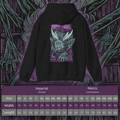 Size chart of a Hooded Sweatshirt featuring Astel, Naturalborn of the Void from Elden Ring, a cosmic horror that descended from the stars to wreak devastation upon the Lands Between. With a skeletal, insectoid body and a celestial head swirling with galaxies, Astel embodies the unknowable terror of the void itself. A remnant of an ancient, star-born catastrophe, it wields devastating gravity and magic attacks, annihilating all in its path. A must-have for fans of Elden Ring’s deep cosmic lore.