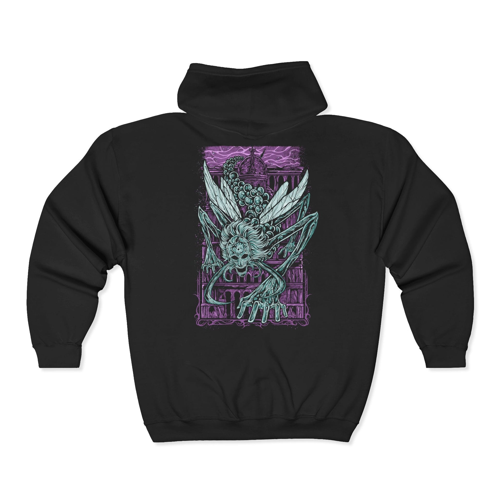 Folded Zip-up Hooded Sweatshirt featuring Astel, Naturalborn of the Void from Elden Ring, a cosmic horror born from the stars. With a body of glimmering chitin and celestial energy, Astel embodies the mysteries and terror of the cosmos. This design captures the being who once destroyed entire civilizations, symbolizing the vast, uncaring power that lies beyond the Erdtree.