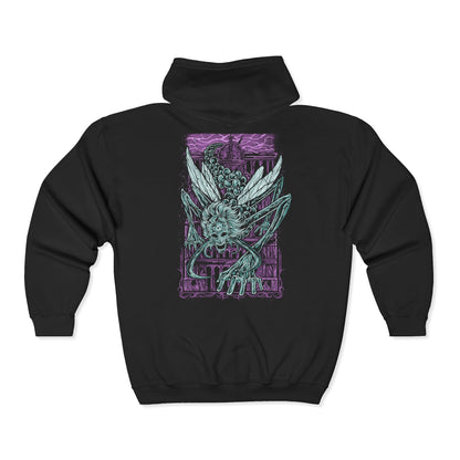 Folded Zip-up Hooded Sweatshirt featuring Astel, Naturalborn of the Void from Elden Ring, a cosmic horror born from the stars. With a body of glimmering chitin and celestial energy, Astel embodies the mysteries and terror of the cosmos. This design captures the being who once destroyed entire civilizations, symbolizing the vast, uncaring power that lies beyond the Erdtree.