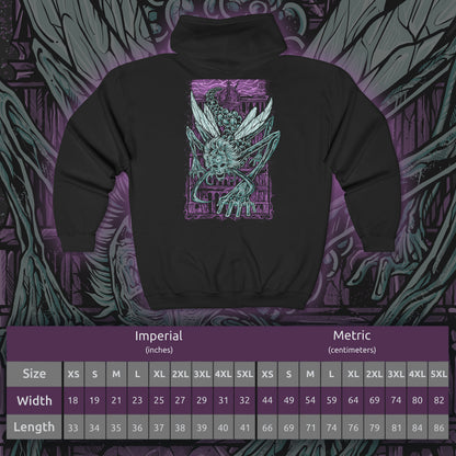 Size chart of a Zip-up Hooded Sweatshirt featuring Astel, Naturalborn of the Void from Elden Ring, a cosmic horror born from the stars. With a body of glimmering chitin and celestial energy, Astel embodies the mysteries and terror of the cosmos. This design captures the being who once destroyed entire civilizations, symbolizing the vast, uncaring power that lies beyond the Erdtree.