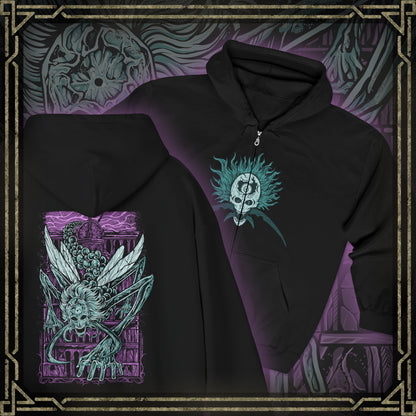 Thumbnail of a Zip-up Hooded Sweatshirt featuring Astel, Naturalborn of the Void from Elden Ring, a cosmic horror born from the stars. With a body of glimmering chitin and celestial energy, Astel embodies the mysteries and terror of the cosmos. This design captures the being who once destroyed entire civilizations, symbolizing the vast, uncaring power that lies beyond the Erdtree.