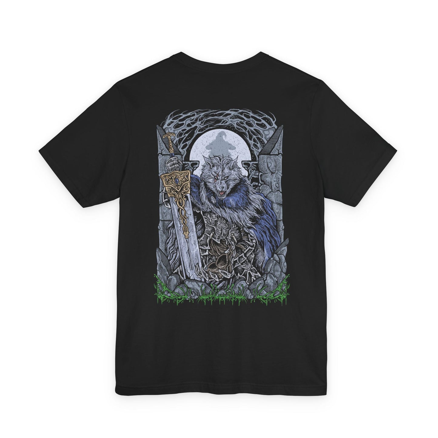 Image 5 of a T-shirt artwork of Blaidd the Half-Wolf poised for battle, his lupine helm and glowing eyes reflecting both honor and madness. Sworn as Ranni’s shadow, Blaidd embodies unwavering loyalty even as destiny turns against him. Surrounded by ruins and cold moonlight, the design highlights his role as protector, warrior, and tragic victim of the Golden Order’s design.
