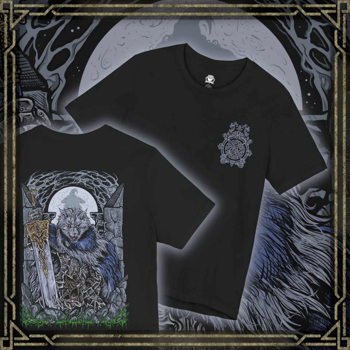 Thumbnail of a T-shirt artwork of Blaidd the Half-Wolf poised for battle, his lupine helm and glowing eyes reflecting both honor and madness. Sworn as Ranni’s shadow, Blaidd embodies unwavering loyalty even as destiny turns against him. Surrounded by ruins and cold moonlight, the design highlights his role as protector, warrior, and tragic victim of the Golden Order’s design.