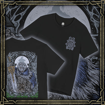 Thumbnail of a T-shirt artwork of Blaidd the Half-Wolf poised for battle, his lupine helm and glowing eyes reflecting both honor and madness. Sworn as Ranni’s shadow, Blaidd embodies unwavering loyalty even as destiny turns against him. Surrounded by ruins and cold moonlight, the design highlights his role as protector, warrior, and tragic victim of the Golden Order’s design.