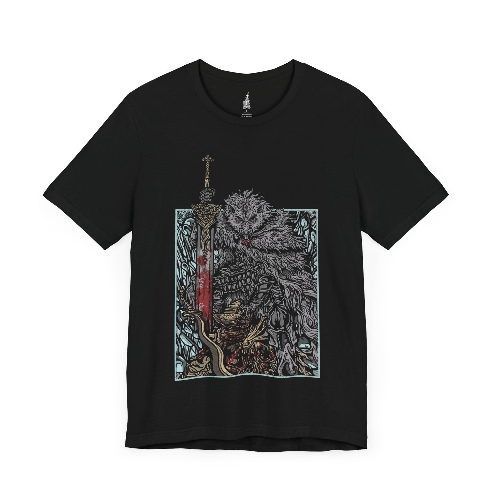 Image number 3 of a Black T-shirt featuring Blaidd the Half-Wolf from Elden Ring defeating Bloodhound Knight Darriwil in a grim design, showcasing the fierce loyalty and strength of this iconic warrior, perfect for fans of the epic battles and lore of the Lands Between.